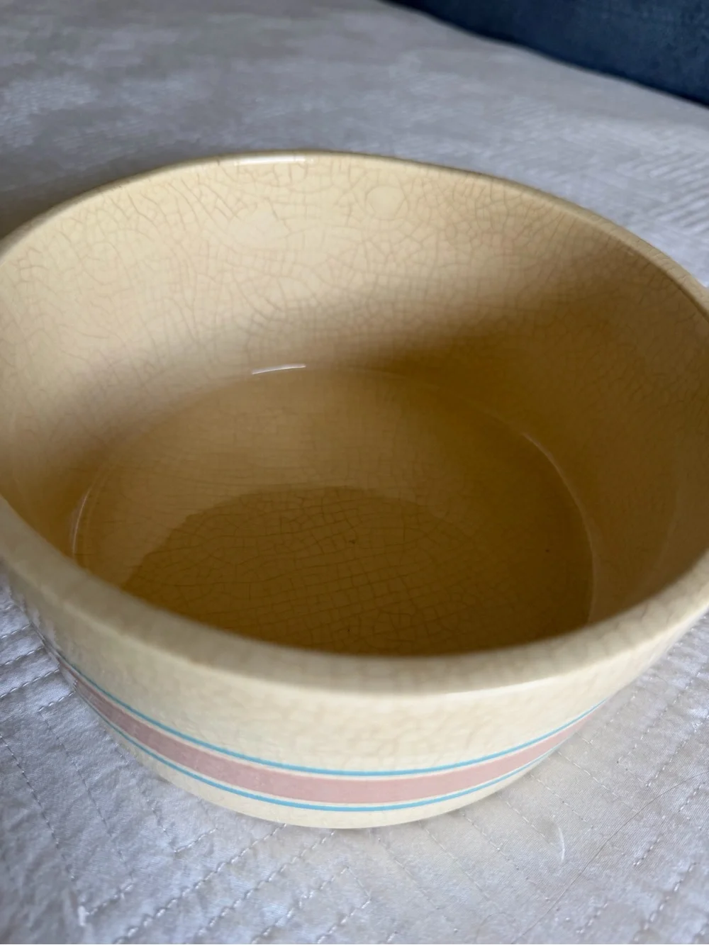 USA made Mccoy Cream Pottery Bowl with Pink and Blue Stripe -Farmhouse Vibe